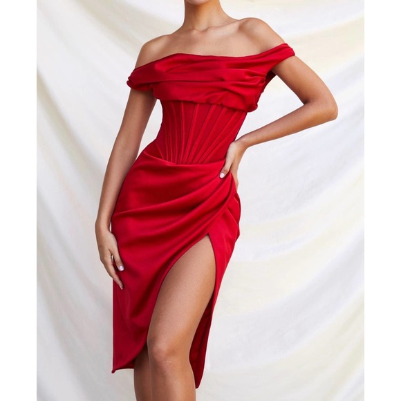 House of CB Dresses New House Of Cb Lulu Corset Oneshoulder Satin Midi Dress In Red Size